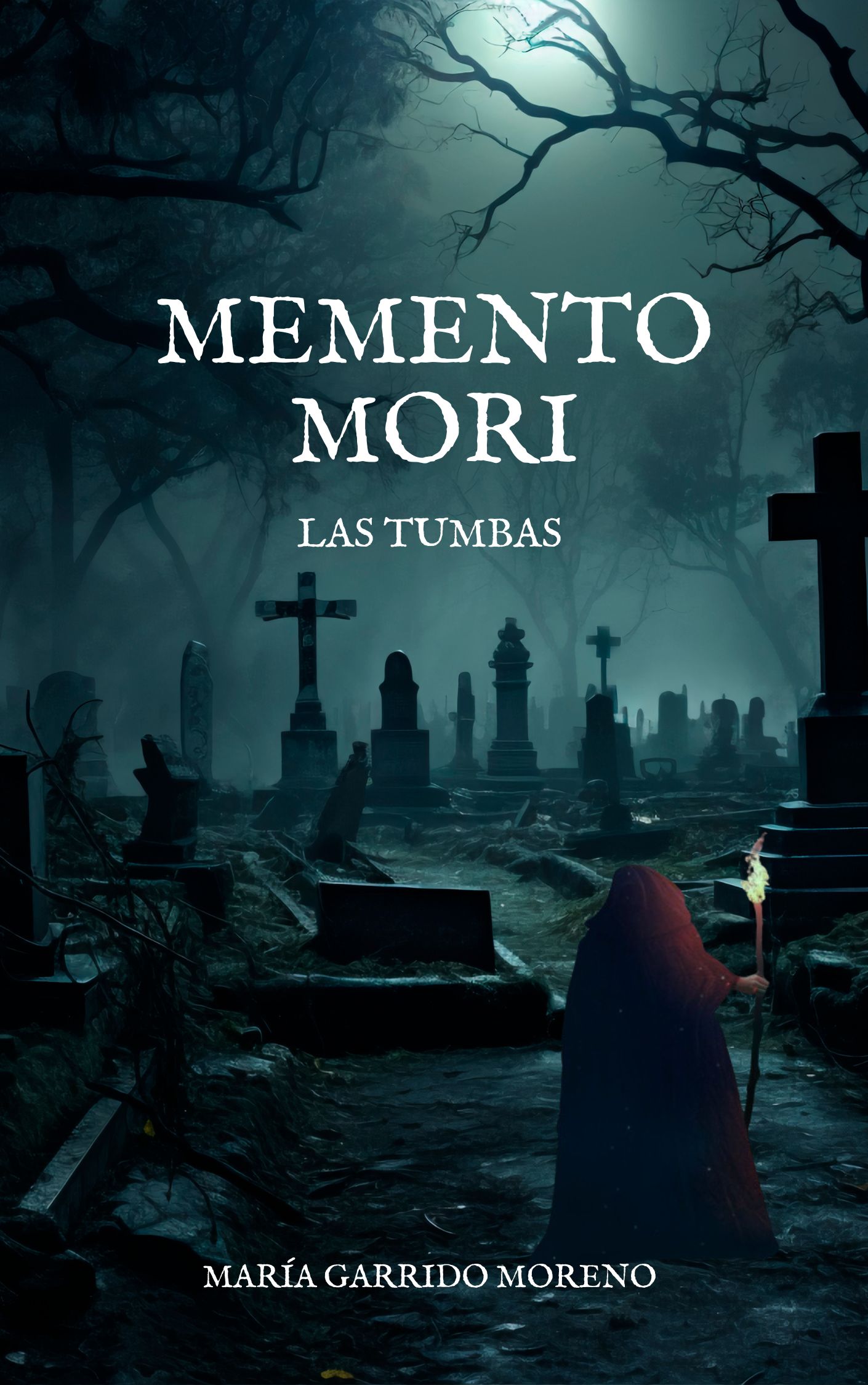 Imagen de cabecera de una mansión de aspecto inquietante al anochecer, con un jardín y una piscina iluminados tenuemente y libros apoyados junto a un farol encendido, con el texto promocional de los thrillers de María Garrido Moreno.